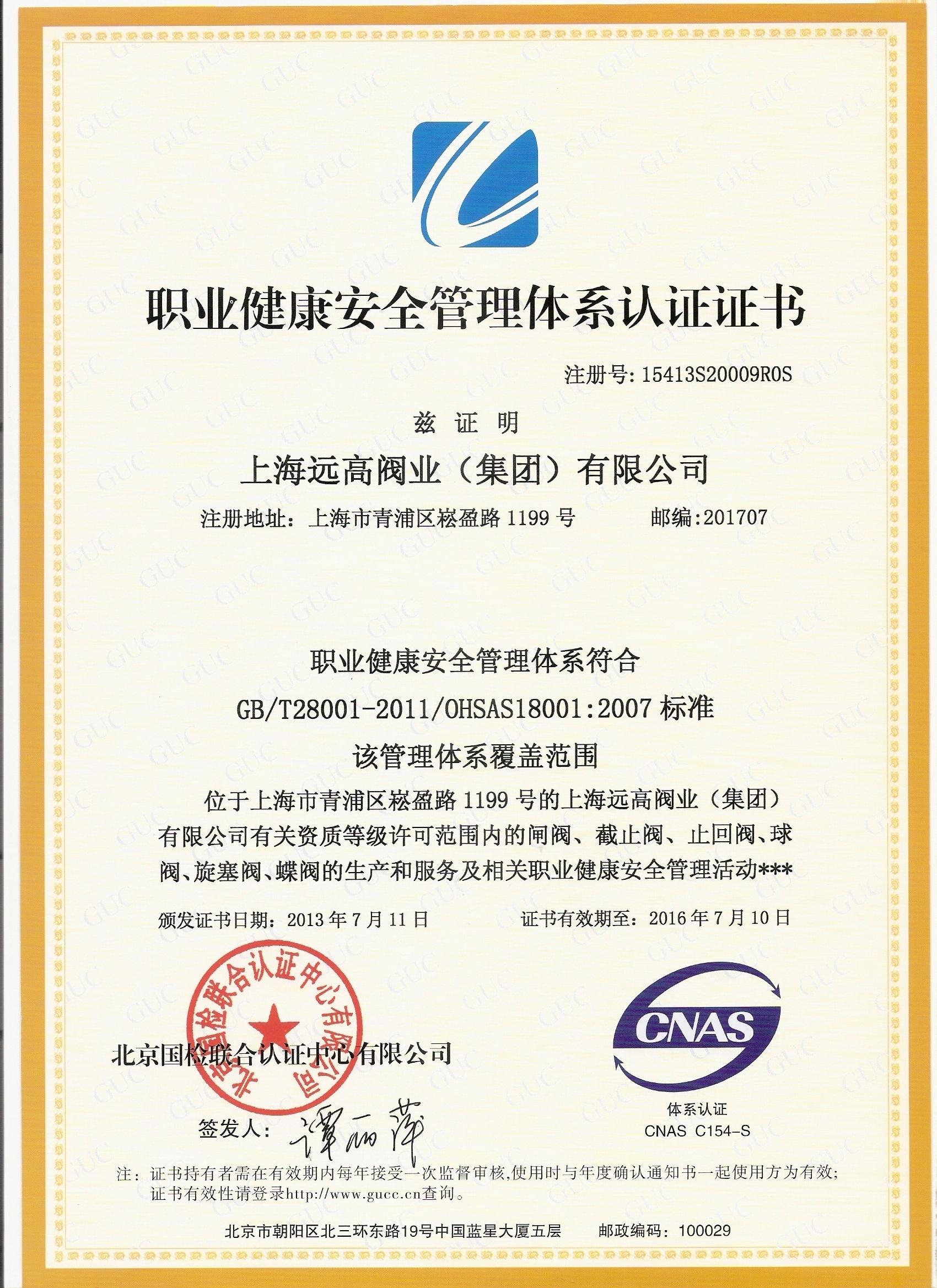 职业健康认证证书(中文)